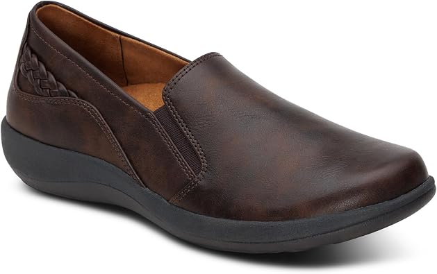Aetrex Womens Alice Slip-On Shoes with Orthopedic Arch Support Flats Premium Leather Comfort Walking Shoes with Removable Insole, Cushioned Low Heel Fashion for Plantar Fasciitis & Relief