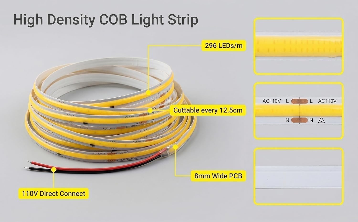 AC 110V COB LED Strip Lights Non-Waterproof Smart IC No Need Driver LED Rope Light, Flexible Cuttable, for Bedroom Garden Commercial House (3000K Warm White, 5M) image 2