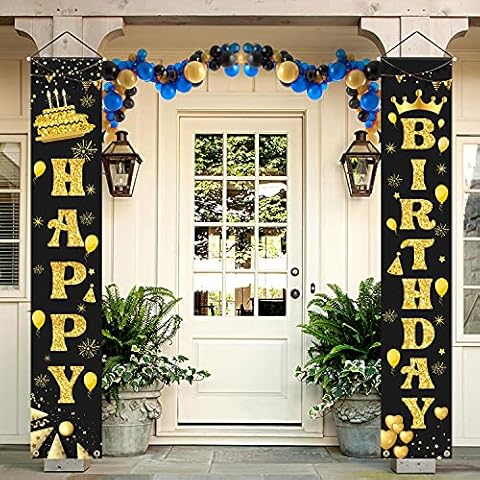 LioNergy Happy Birthday Banner Black and Gold Hanging Birthday Porch Sign for Outdoor Indoor Happy Birthday Party Decration Supplies Cover