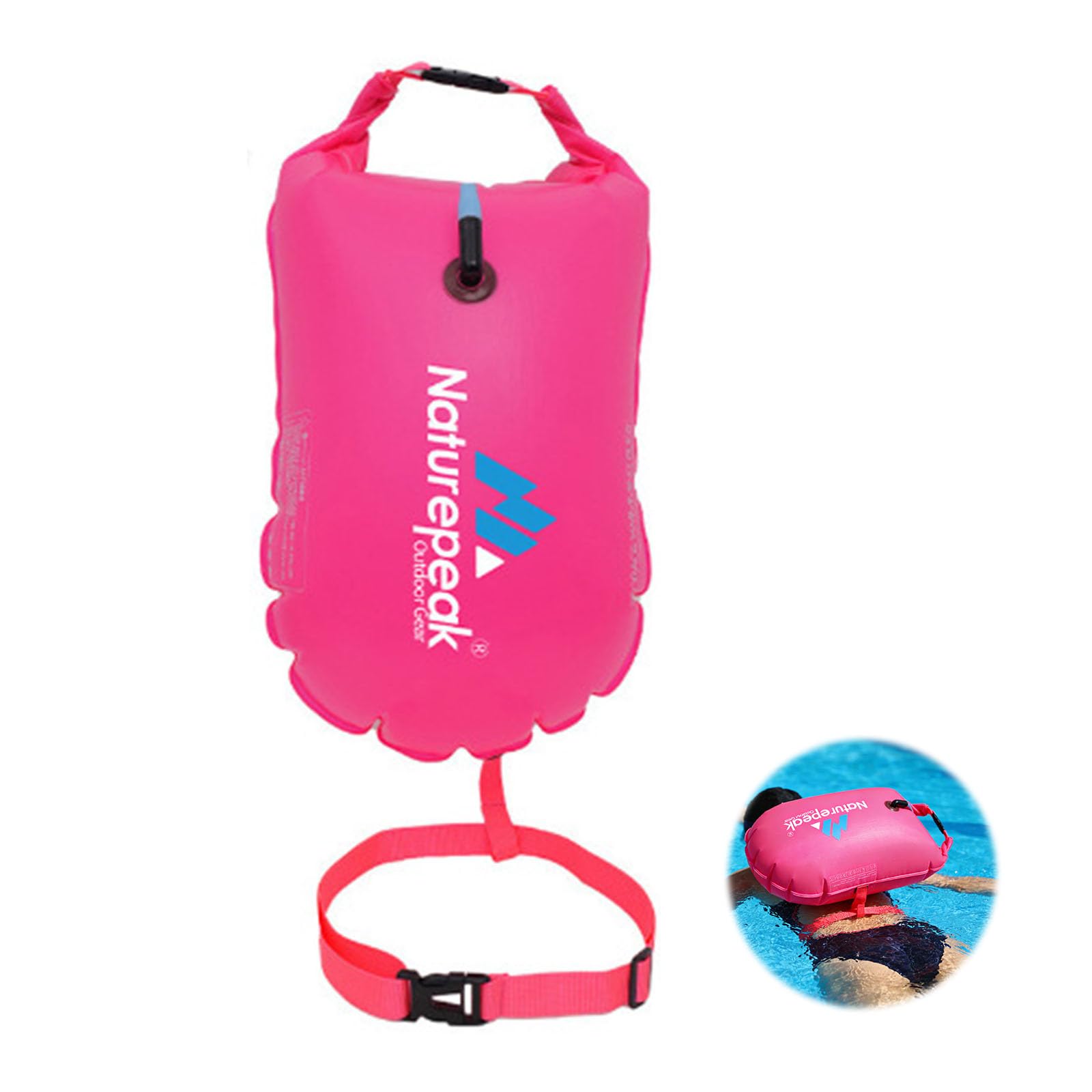 Falafoty Swim Buoy Outdoor Swim Float, 48 * 31cm Inflatable Swim Buoy Highly Visible Tow Air Float Suit for Open Water Swimming Sport Snorkeling Kayaker Triathletes Racing Training Accessories (Pink)