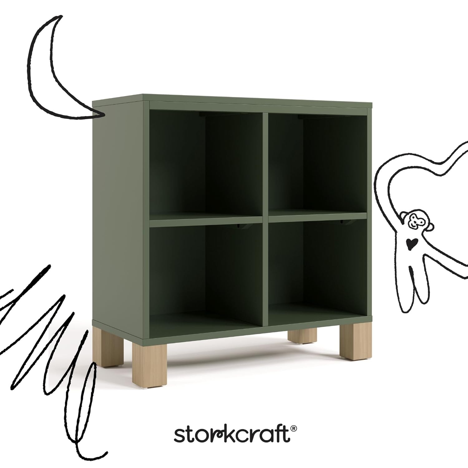 Storkcraft California Cube Organizer Bookcase (Olive with Driftwood) – GREENGUARD Gold Certified Book Shelf for Kids, Premium Wooden Cubbies