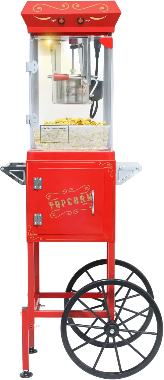 8 oz Popcorn Machine with Cart - Vintage Movie Theater Style Popcorn Maker for Home, Parties & Concession Stand, Yields 32 Cups per Batch, Red