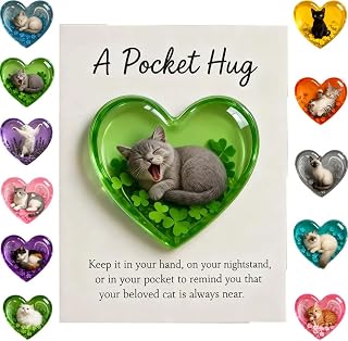 Pocket Hug Cat Card, Heart-Shaped Handmade Token for Cat Lovers, Includes Inspirational Greeting Card, Cat Memorial Pocket Hug for Her, Resin Animal Emotional Support Card (Green)