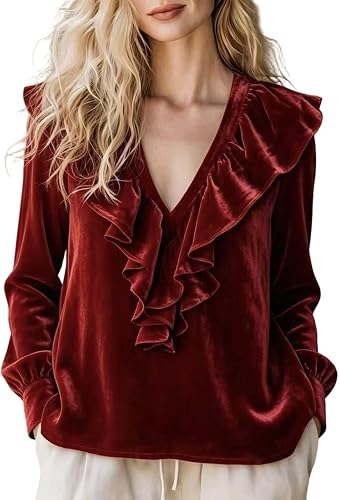 Wine Blouses Womens Velvet Blouse V Neck Long Sleeve Ruffle Trim Elegant Casual 