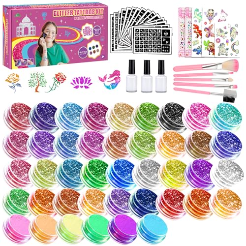 Tatuajes Purpurina Niños, 42 Colores Kit Tatuajes Purpurina Temporales Luminosos con 207 Plantillas, 5 Pinceles, 3 Pegamentos, Tatuajes Niños, Juguetes Niñas, Regalos de Manualidades Niña