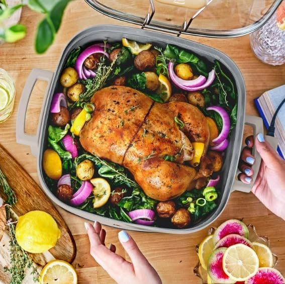 Beautiful 5-in-1 Electric Skillet ~ Expandable up to 7 Qt With Glass Lid, by Drew~Barrymore(Porcini Taupe)