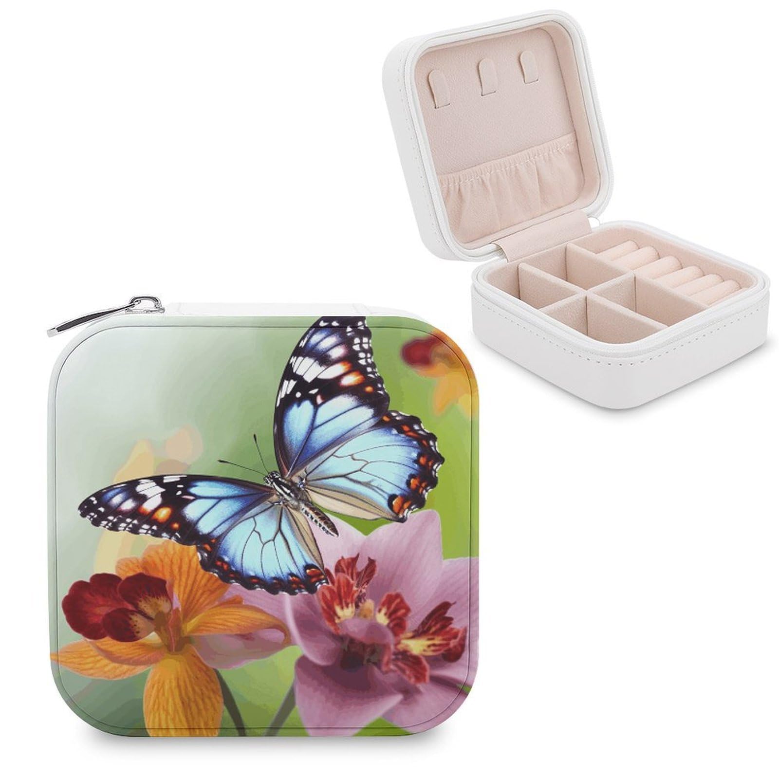 FekiLoot Flower Butterfly Jewelry Box Custom Jewelry Travel Case Pu Leather Trinket Organizer Box to Organize Ring Pendant Earring Small Portable Jewelry Storage Holder for Women