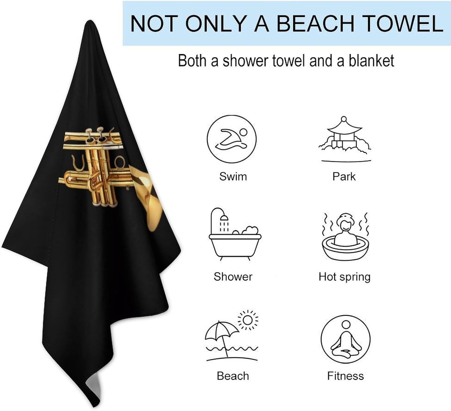 Gold Trombone Oversized Beach Towel Soft Absorbent Pool Bath Swim Towels for Adults Travel Vacation Gifts 130x80cm
