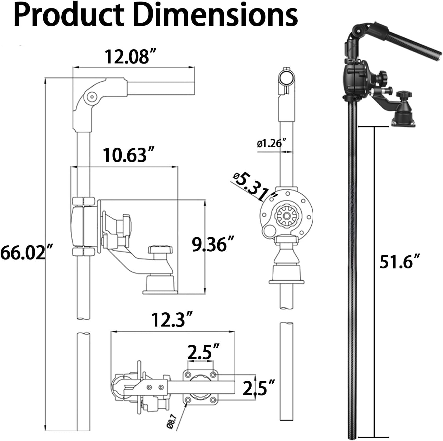 66 in Livescope Transducer Pole Mount for Boat,Carbon Fiber Rod,Aluminum Heavy-Duty Base,360° Adjustment,with D Size Ball