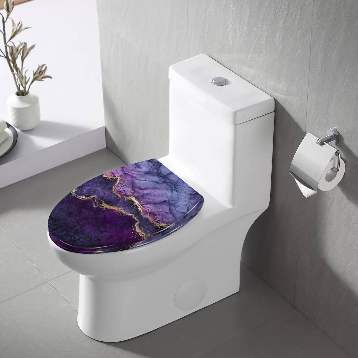 Elongated Toilet Seat abstract marbling violet blue purple marble with golden veins fake Resin Toilet Seat with Quietly Close Quick Release Hinges Decorative Toilet Seat with Cover Easy to Install