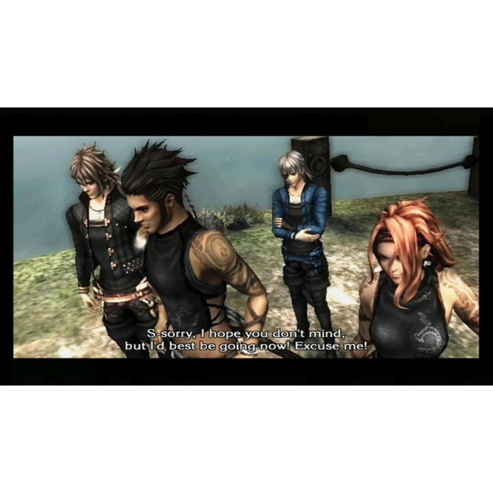 In-game screenshot of four characters from The Last Story in a conversation.