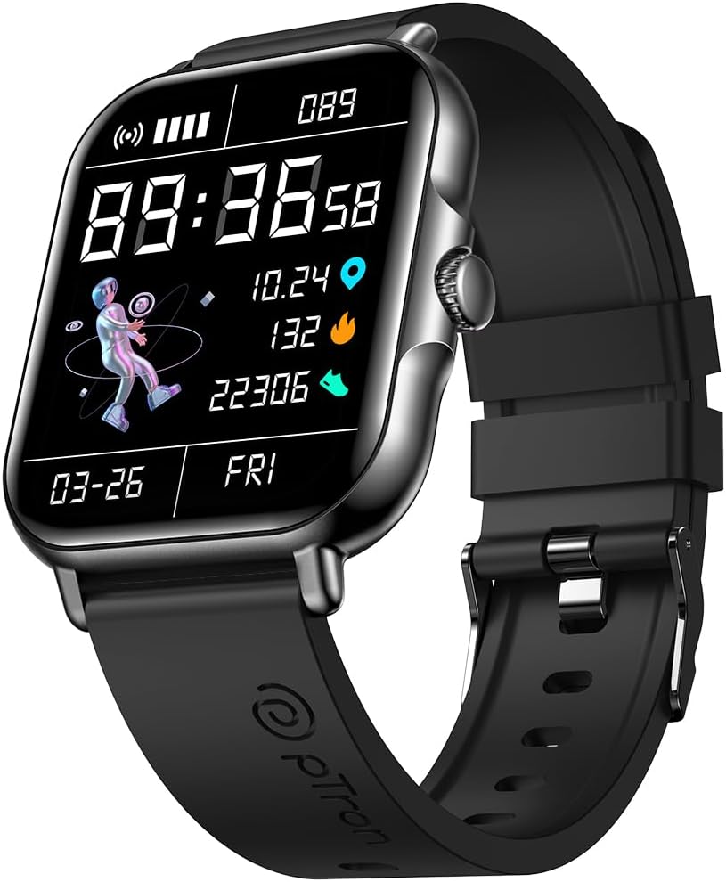 pTron Reflect Callz Smartwatch with Bluetooth Calling, 1.85" Full Touch Display, 600 NITS, Digital Crown, 100+ Watch Faces, HR, SpO2, Sports Mode, 5 Days Battery Life & IP68 (Black)