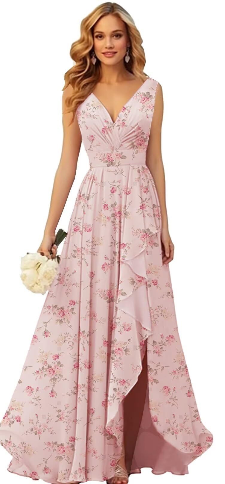 PINMJEE V-Neck Chiffon Ruffle Long Bridesmaid Dress with Slit Ruched A Line Formal Dresses Evening Gowns