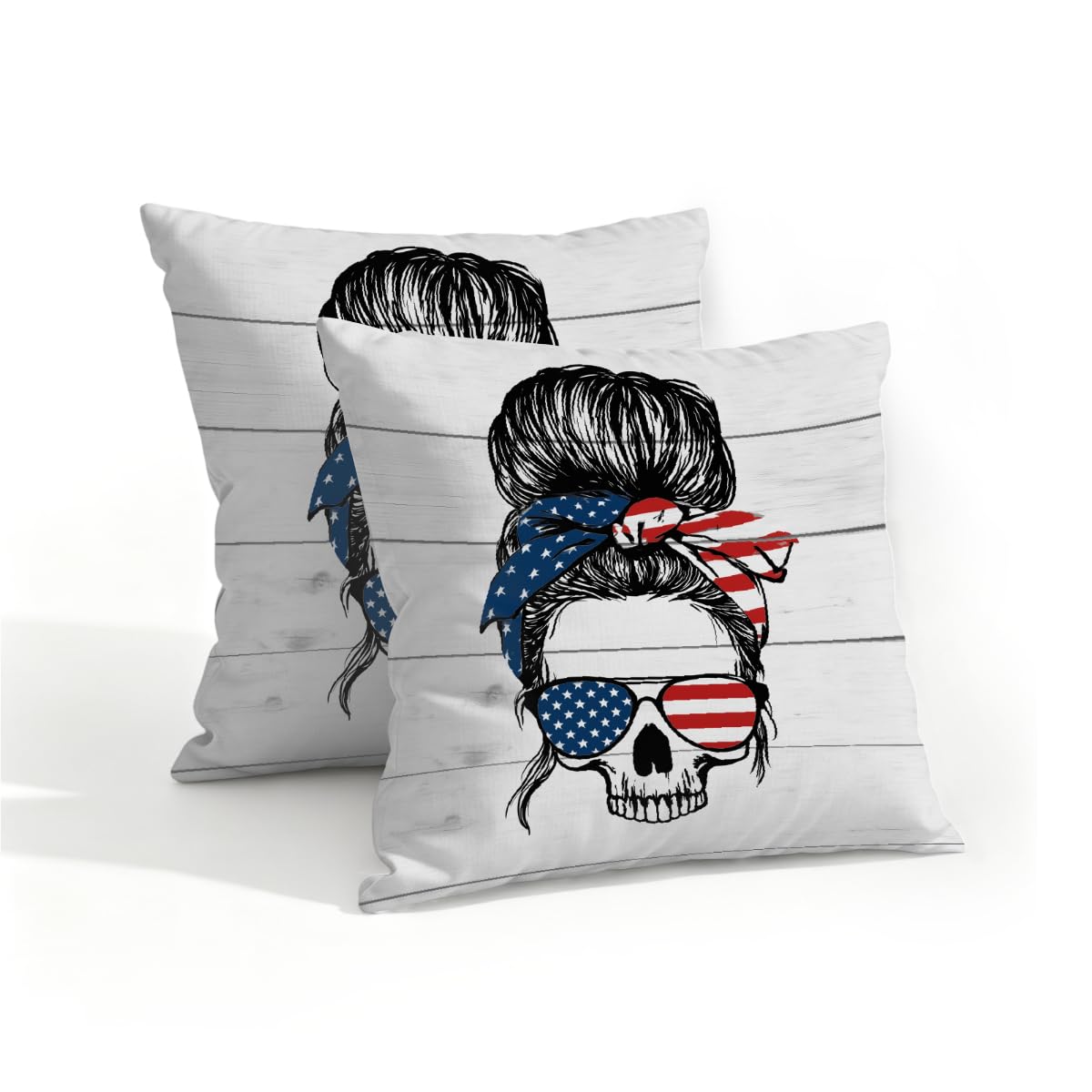 Outdoor Pillow Covers Waterproof Pillowcases 16x16in Set of 2 Women Skeleon American Flag Sunglasses Decorative Throw Cushion Case for Couch Sofa Garden Patio Furniture