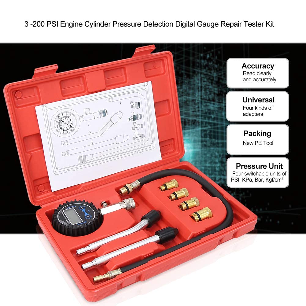 Medidor de detección de presión de cilindro de motor de 3-200 PSI, probador de compresión digital Kit de probador de reparación Kit de probador de compresión del motor