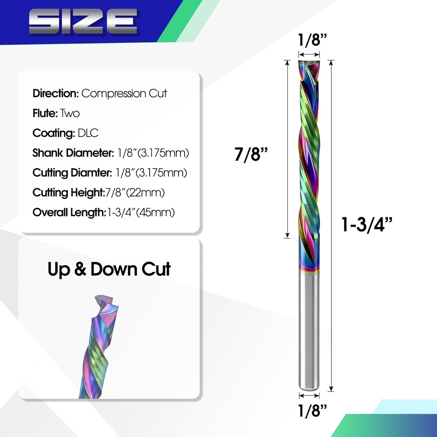 Compression CNC Router Bits with DLC Coating, 1/8 inch Shank 2 Flutes Spiral End Mill Wood Cutters Up & Down Cut Solid Carbide Endmills Milling Cutter for Wood PVC Engraving (Pack of 10)
