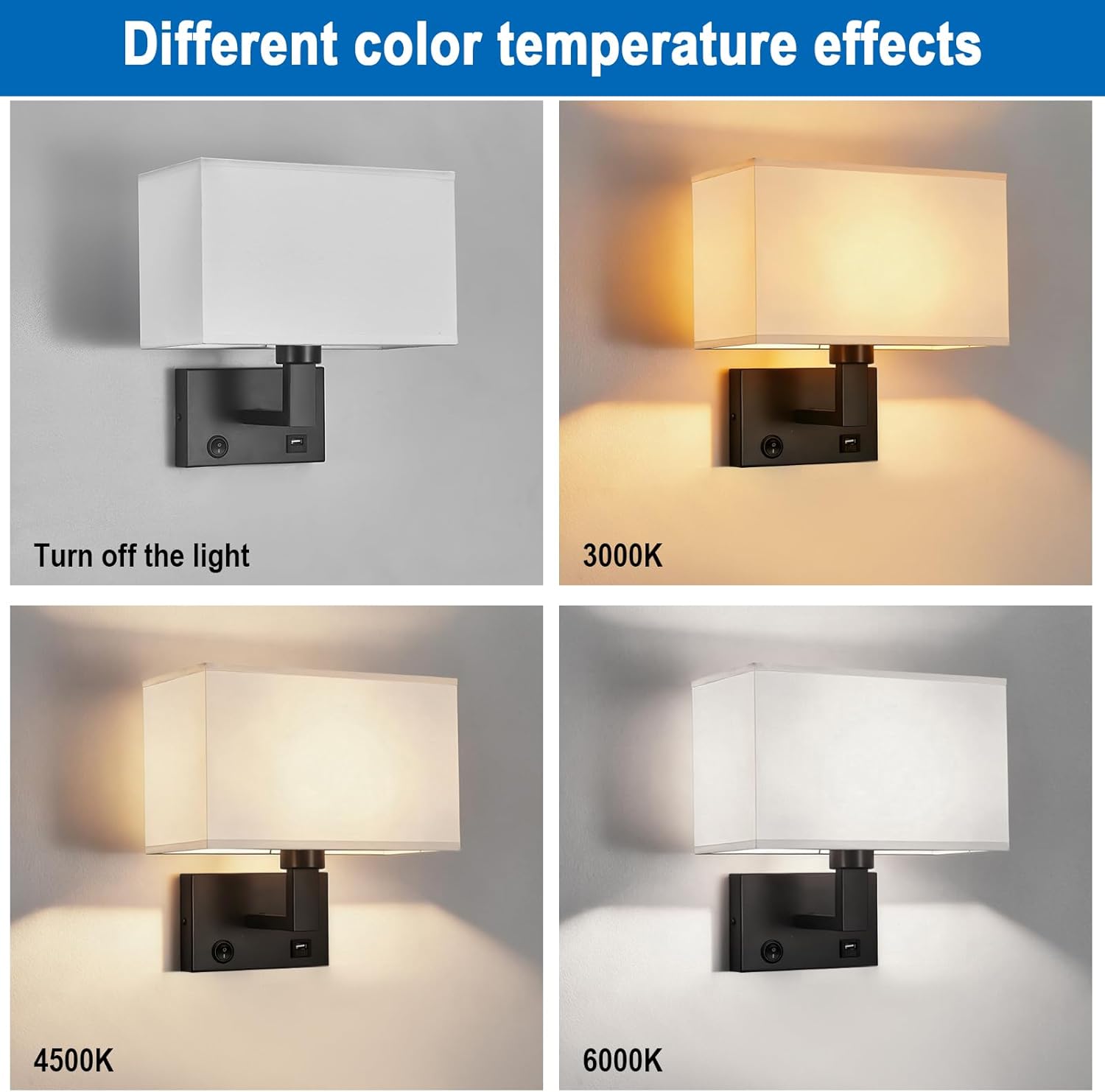 Bedside Wall Mount Light with USB, LED Reading Swing Arm Fabric Shade Wall Sconce Light Hardwired, Perfect for Bedroom, Living Room and Hotel (Black)