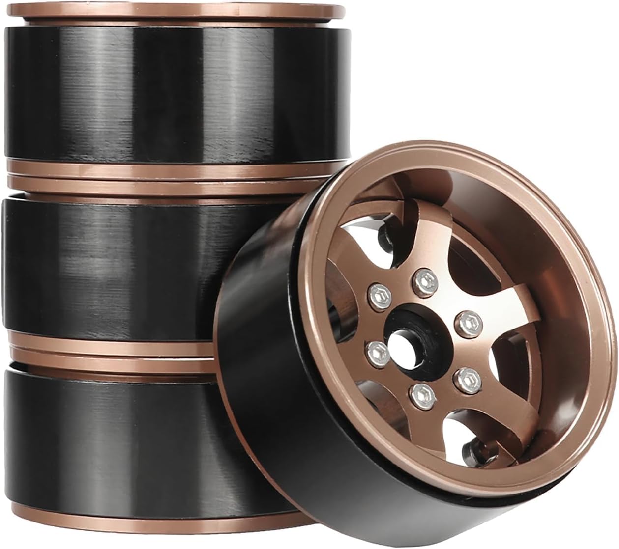 4pcs 1.55inch Beadlock Alloy 6-Spoke Aluminum Wheels Rims Hubs 1/10 RC Crawler Rims Fit for Axial 90069 Tamiya D90 TF2 LC70 LC80 MN98 (Black Gold)