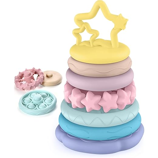 7 Pcs Stacking Toys Baby Toys, Toddler Montessori Sensory Soft Rings Stacker, Teething Infant Toy with Learning, Newborn Essentials Gifts for 6 9 12 18 Months One 1 Year Old Boys Girls