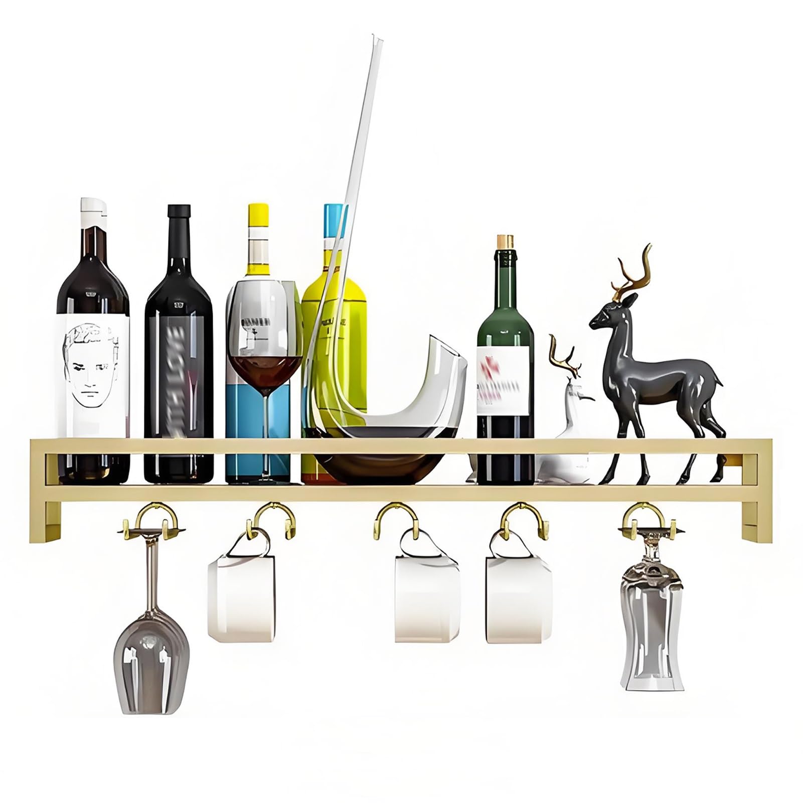 Étagère à vin murale industrielle 100cm dorée avec support verres