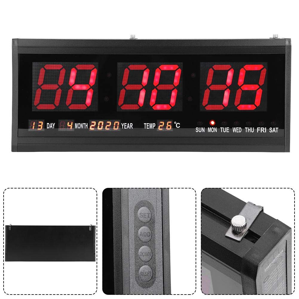 Ymiko Duży cyfrowy zegar LED nowoczesny cyfrowy zegar ścienny LED / kalendarz, timer, wyświetlanie daty, temperatury, 24 lub 12 godzin, wtyczka UE 110 V-240 V, uchwyt ścienny