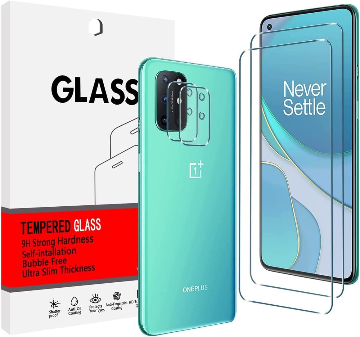 【2+2 Pack】 for Oneplus 8T 5G 【2pcs Screen Protector + 2pcs Camera Lens Protector】 Tempered Glass Film [0.3mm Thickness] [9H Hardness HD Clear] [Bubble Free] [Case Friendly] [Anti-Scratch]