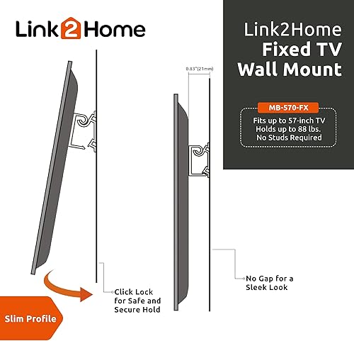 Miniatura 3 de Link2Home Soporte fijo de pared para TV de hasta 57 pulgadas, se monta directamente en paredes de chapa o placas de yeso, no requiere tachuelas,