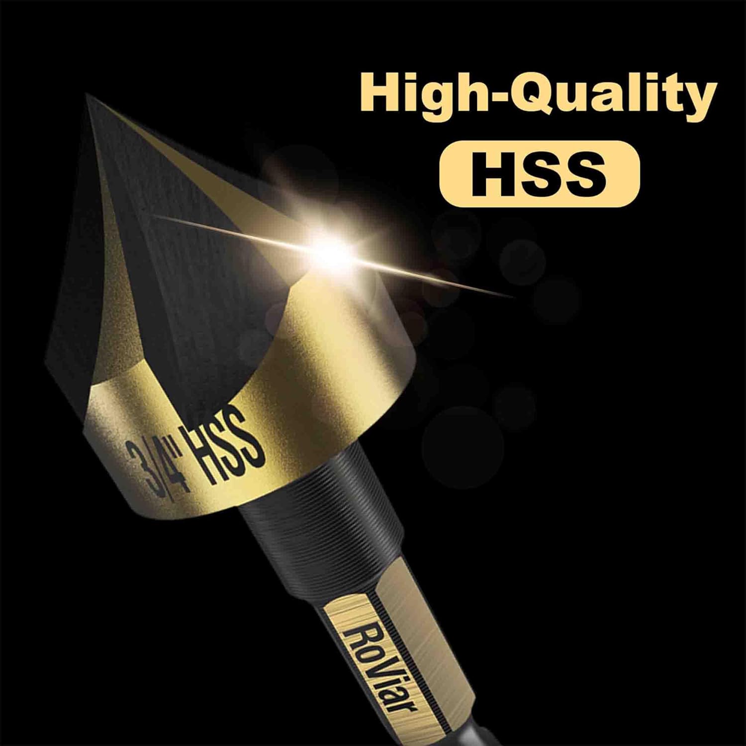 RoViar Countersink Drill Bit Set, 5-Piece HSS High Speed Steel Bits 1/4" 3/8" 1/2" 5/8" 3/4" Hex Shank for Wood Metal Deburring Chamfering, Gold Black Finish