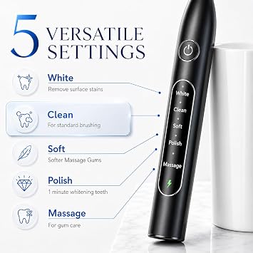 Electric Toothbrush for Adults with 8 Replacement Brush Heads, Travel Bag, 5 Cleaning Modes, IPX7 Waterproof, Rechargeable, Smart Timer, Black Whitening Power Toothbrush Set