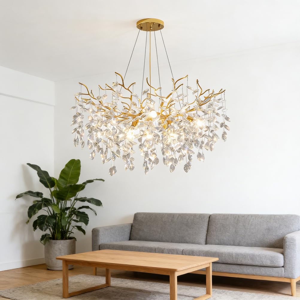 KXEcoLife D60cm Crystal Chandelier, 8-Light Modern Tree Branch Chandelier for Dining Room, Contemporary Luxury Round Raindrop Pendant Light Fixture Living Foyer,Kitchen, Bedroom