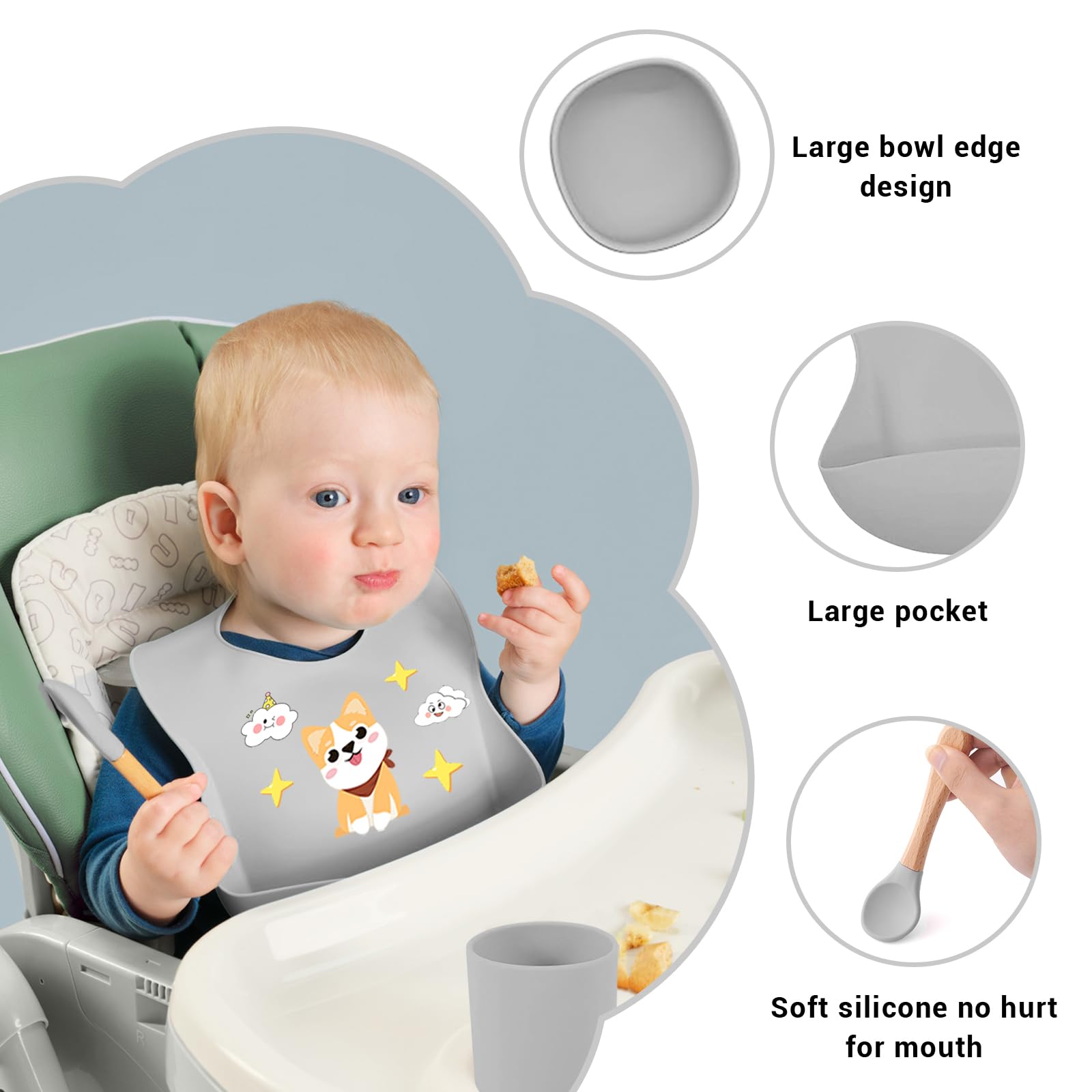 Set Pappa per Bambini 10 Pezzi Svezzamento Completo, Piatto e Ciotola in Silicone con Ventosa Antiscivolo, Cucchiaio Forchetta Bavaglino, Stoviglie Sicure per Neonati e Bambini