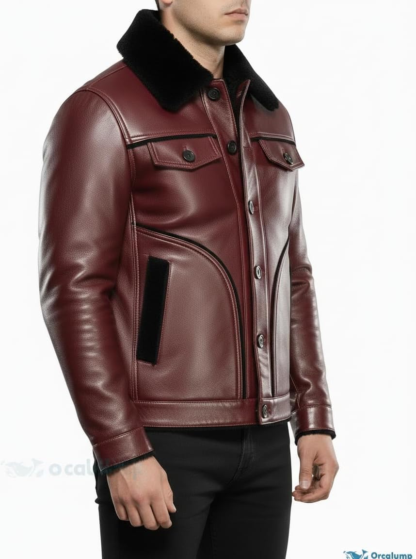 Mens Premium Lambskin Leather Jacket with Sherpa Faux Shirt Collar Style