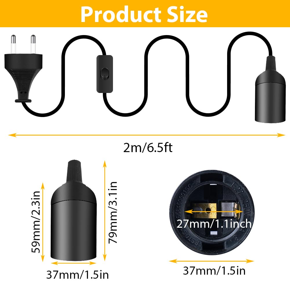 HOTUT Oprawa lampy E27 z przełącznikiem, 2 sztuki oprawek E27 z kablem sieciowym 2 m i wtyczką EU, oprawa z kablem czarna do zawieszenia lamp, lamp wiszących, lamp sufitowych, projektów DIY