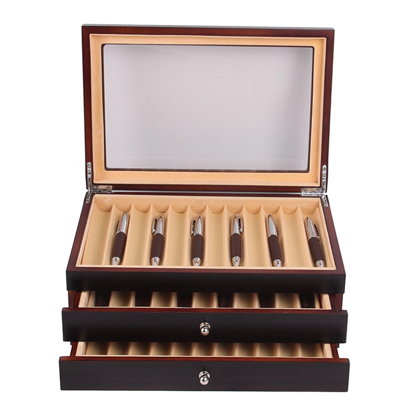 ZJGFCB Wooden Pen Display Box,Pen Collection Display Case with Drawer & Glass Window,Large Organizer Box Wood Storage Collection for Man Father Boyfriend Husband