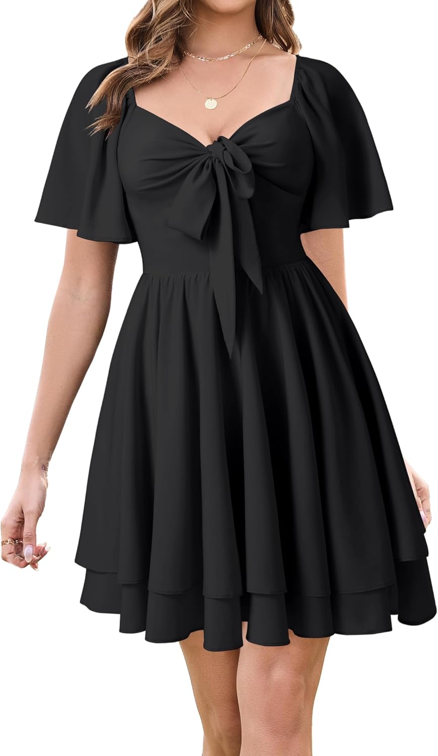 Vrtige Women's Deep V Neck Bow Tie Dress Short Sleeve A Line Mini Beach Flowy Tiered Dress - Image 3