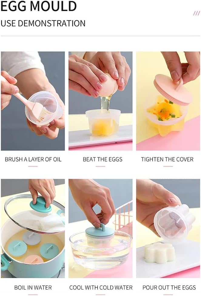 Boiled Egg Maker, 4Pcs Plastic Egg Cooker Boiler Pudding Mold with Oil Brush, Non‑stick Boiled Egg Cooker, Poached Egg Cups, Fast Poaching Egg for Breakfast, Eggs Kitchen Gadgets(gray)