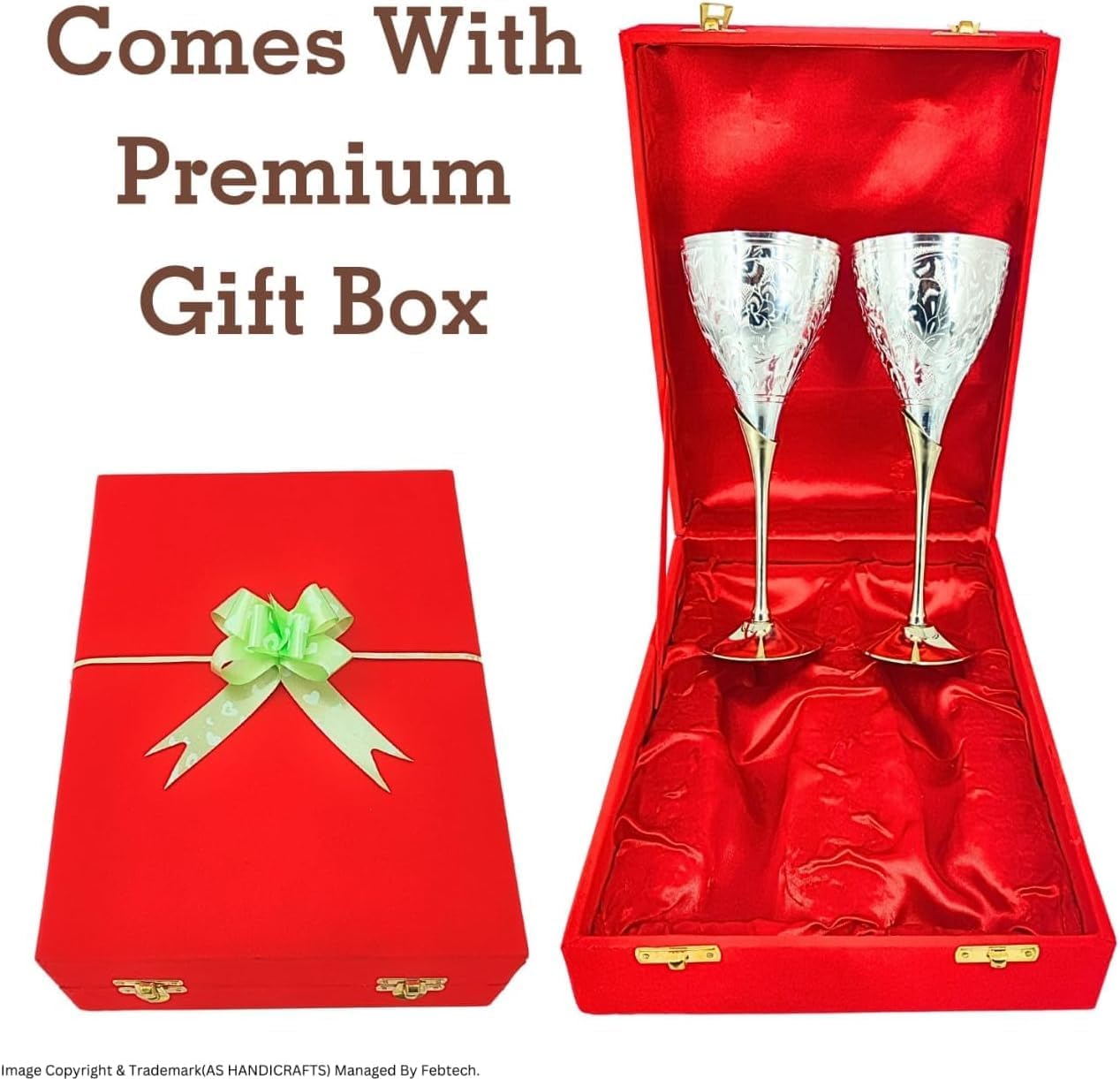 Brass Champagne Silver Plated Toasting Flutes With Premium Velvet Box - Set of 2 Brass Chalice Wine Goblets - Engraved brass Goblet Champagne Glass & Liqueur Glasses, Communion Cup, Housewarming Gift