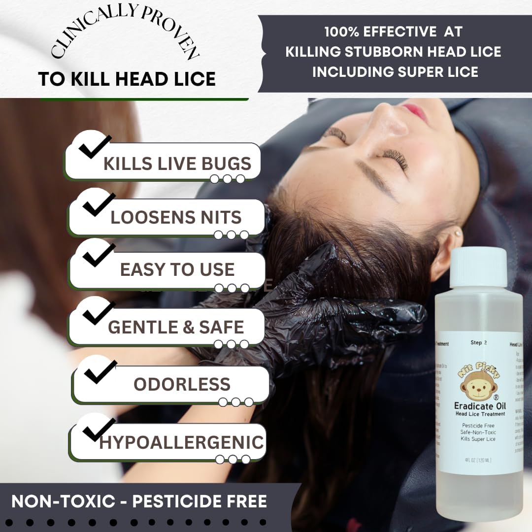 Nit Picky® Eradicate Oil – Professional Lice & Nit Removal Shampoo Oil, 4 oz | 100% Dimethicone Formula | Supports Lice & Nit Removal | for Adults & Kids | Gentle, Non-Toxic Family Use
