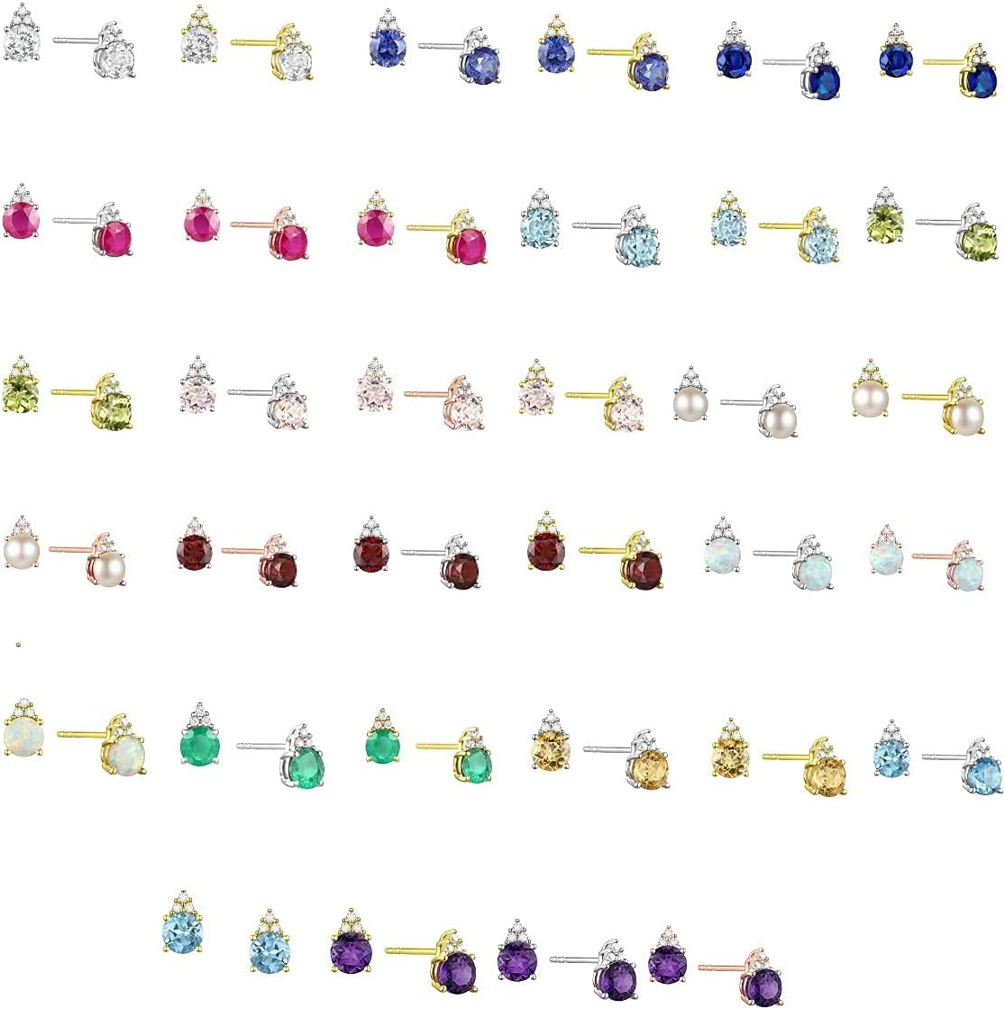 Diamonds and Genuine Gemstone Stud Earrings, 3 Natural Round Shaped Diamonds Set Above a Natural Gemstone, 14K Rose Gold/14K Gold/14K White Gold, 4.5mm Stone (0.03 cttw)