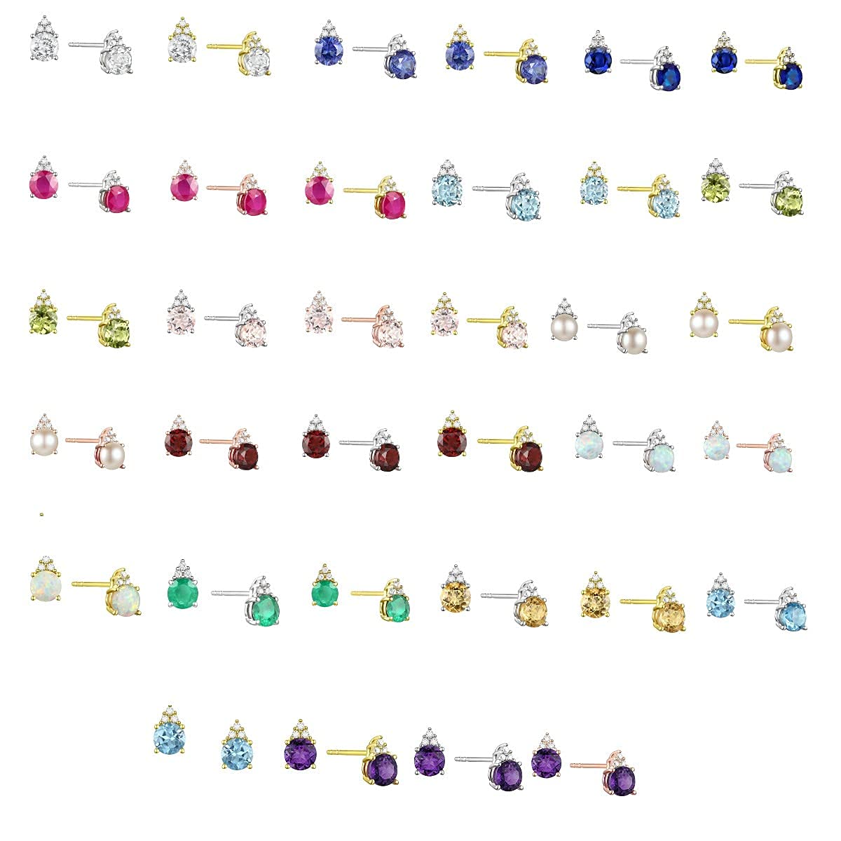 Diamonds and Genuine Gemstone Stud Earrings, 3 Natural Round Shaped Diamonds Set Above a Natural Gemstone, 14K Rose Gold/14K Gold/14K White Gold, 4.5mm Stone (0.03 cttw) - Image 3