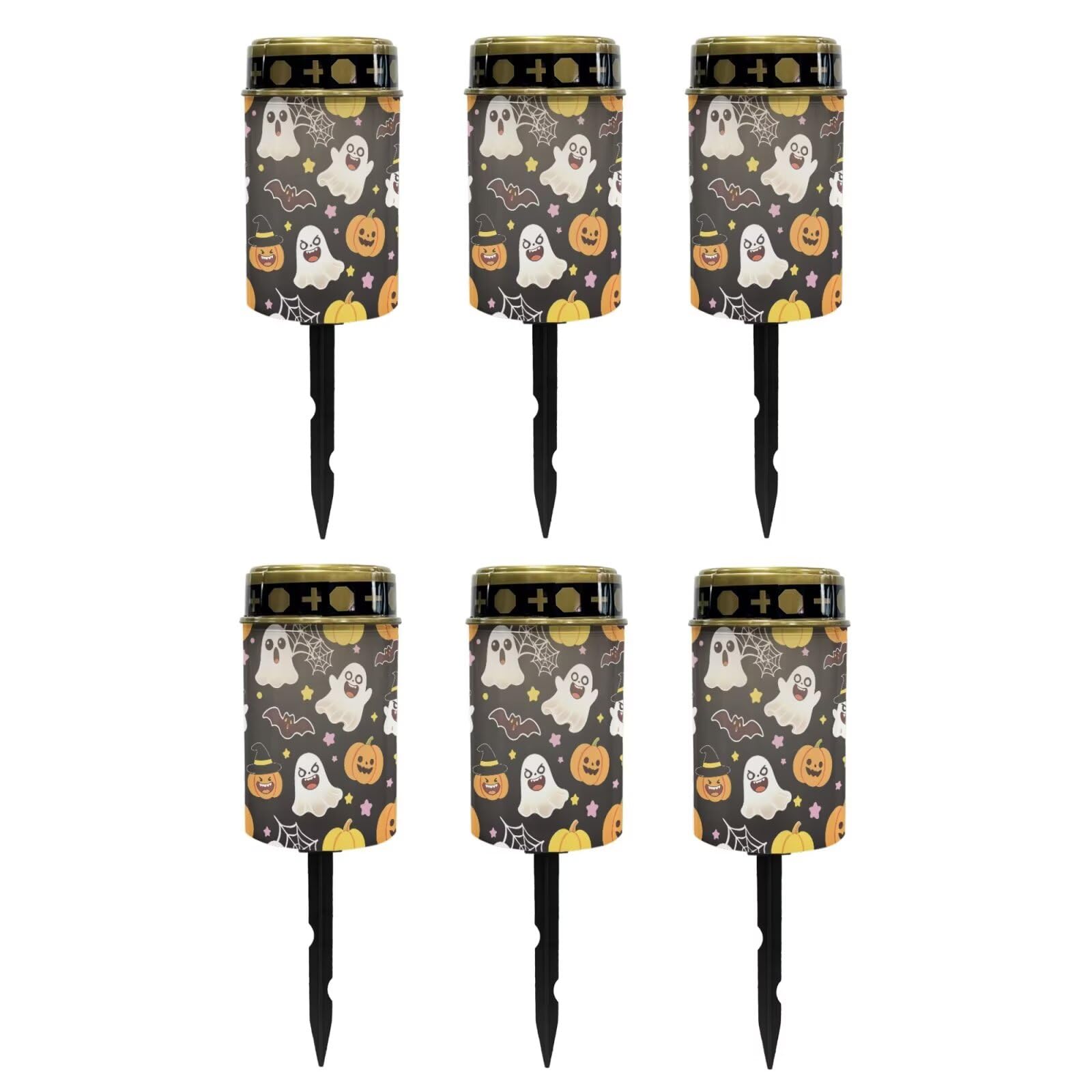 Poceacles Flameless Candle Solar Powered Grave Outdoor Lights Cemetery Candle Flameless Fake LED Pillar Lights Outdoor Halloween Decoration, Cute Ghost Pumpkin Bat Print Black, Pack of 6