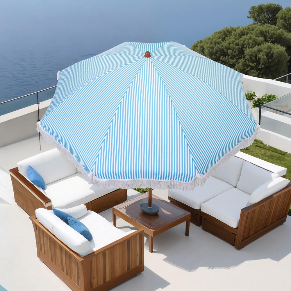 Parasol Ogrodowy Boho z Frędzlami 200 Cm z Regulacją Nachylenia, W Paski, z Filtrem Upf50+, na Trawnik, Basen, Stół Ogrodowy