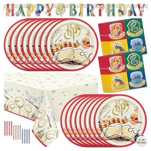 Harry Potter Birthday Decorations Kit | Harry Potter Birthday Party Supplies | With Harry Potter Table Cover, Banner, Dinner Plates, Napkins, Candles, Button | Serves 16