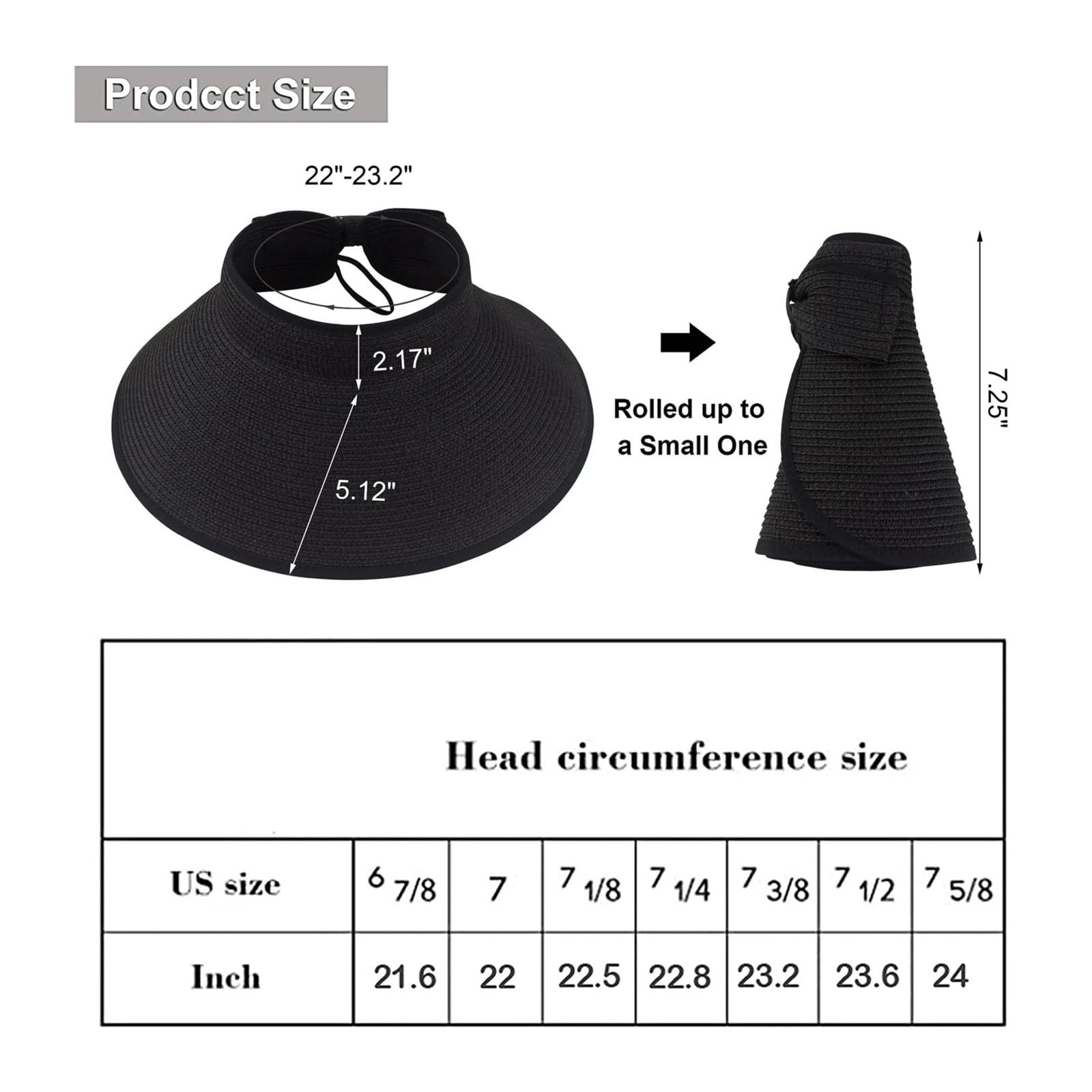 Generico Visera de paja, mujer, sombrero plegable ala ancha enrollable