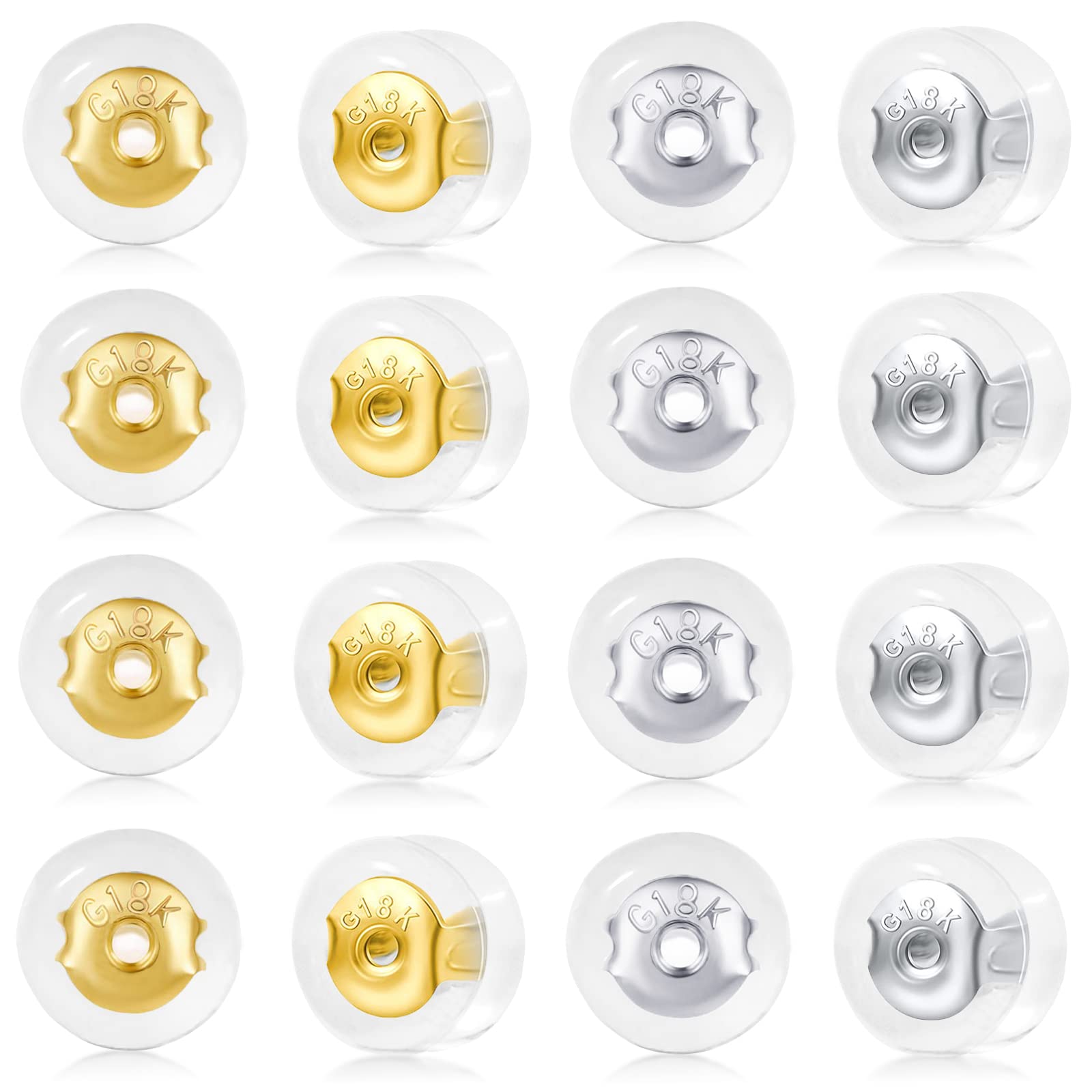 Photo 1 of 18K Gold Earring Backs for Studs, 16Pcs Comfortable Silicone Earring Backs for Droopy Ears, Locking Secure Hypoallergenic Earring Backs Replacements for Adults