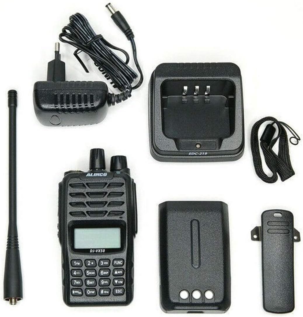 ALINCO DJ-VX50HE components including radio, battery, antenna, charger, and belt clip