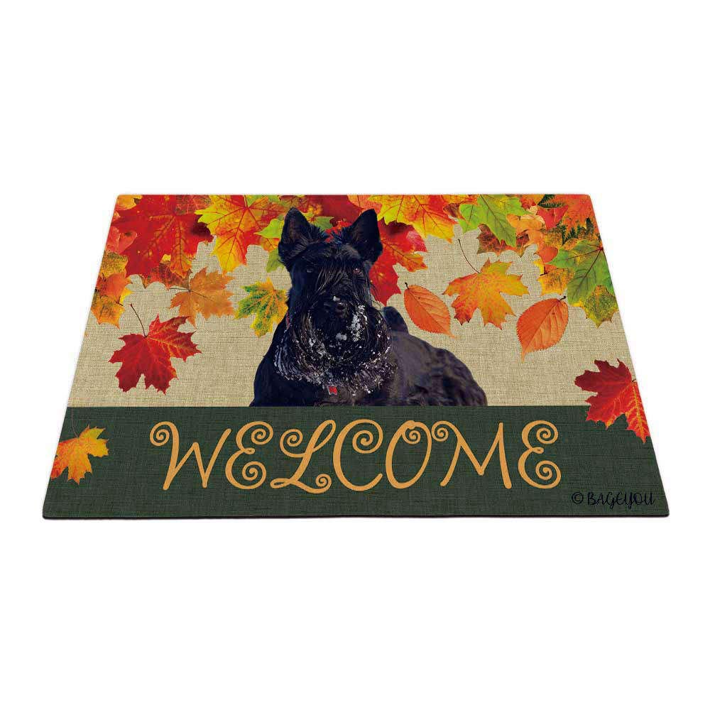 BAGEYOU Welcome Fall with My Favorite Dog Black Scottish Terrier Outdoor Doormat Maple Leaf Harvest Season Rustic Decor Porch Rugs Floor Mat 23.6" X 15.7"