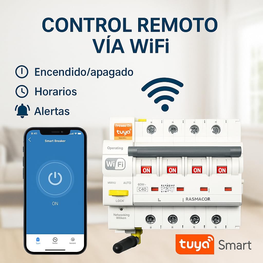 RASMACOR - Interruptor Magnetotermico WiFi – Rearmable 4P 25A Curva C 6kA – Termico Inteligente con Control Remoto – Compatible con App Tuya Smart – Domotica - 4 Polos 25A