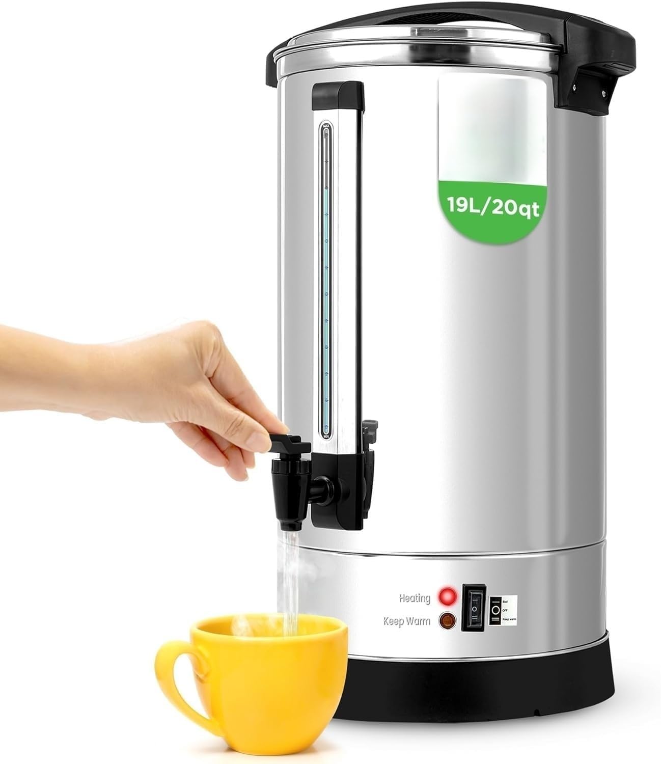 Water Boiler and Hot Water Dispenser, 19L Electric Beverage Dispenser with Safety Lock Lid, Non-Drip Tap, Warm Function, Food Grade Stainless Steel, Home & Commercial Use, Silver