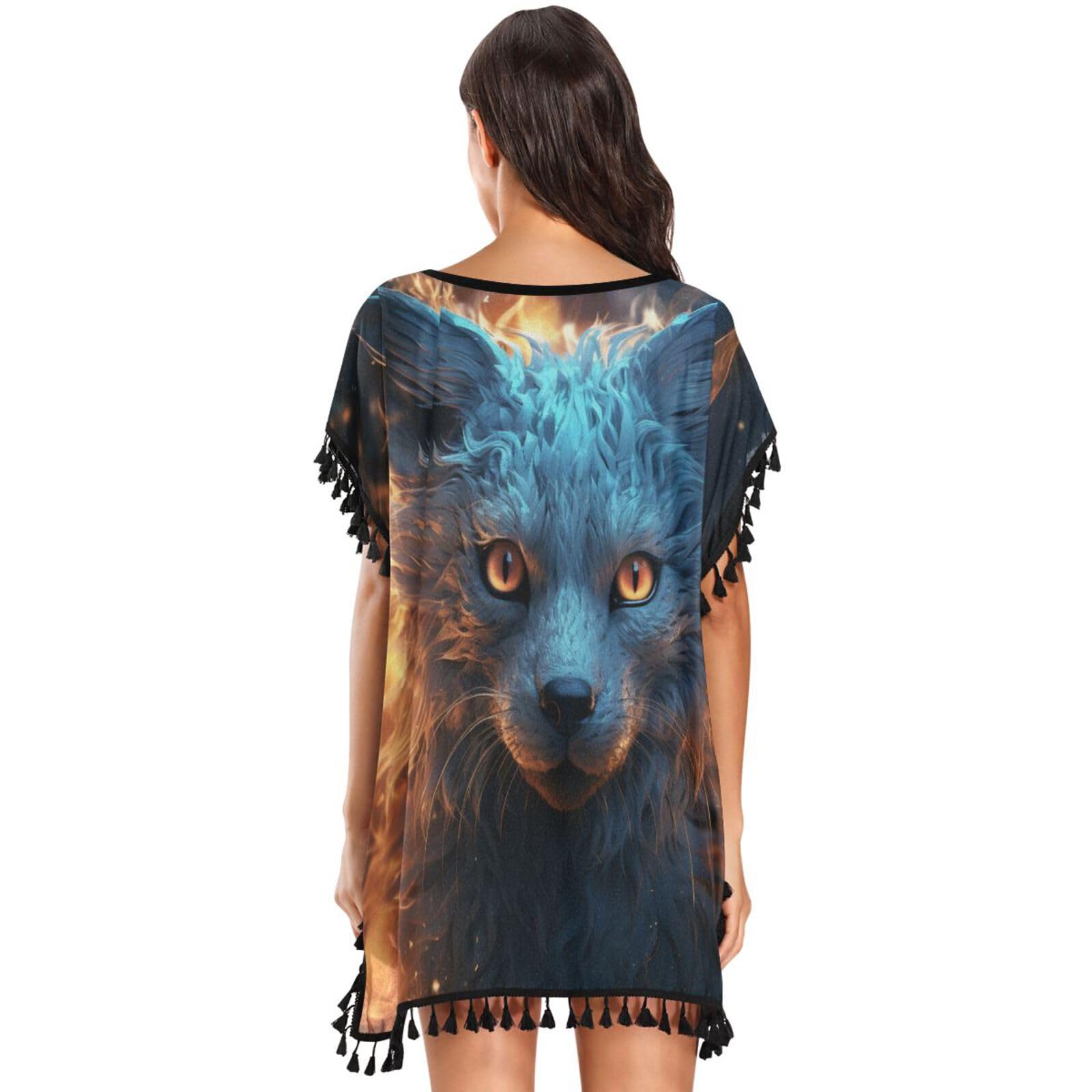Cool Fire Animal Fox Women's Beach Cover Up Chiffon Tassel Swimwear Swimsuit Coverups for Girl